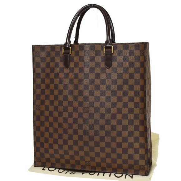 Authentic LOUIS VUITTON Logo Sac Plat Hand Tote Bag Damier Leather Brown - Picture 1 of 15